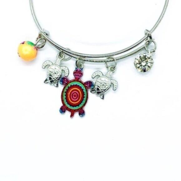 Beaded Sea Turtle Charm Colorful Bangle Bracelet - Picture 2 of 5